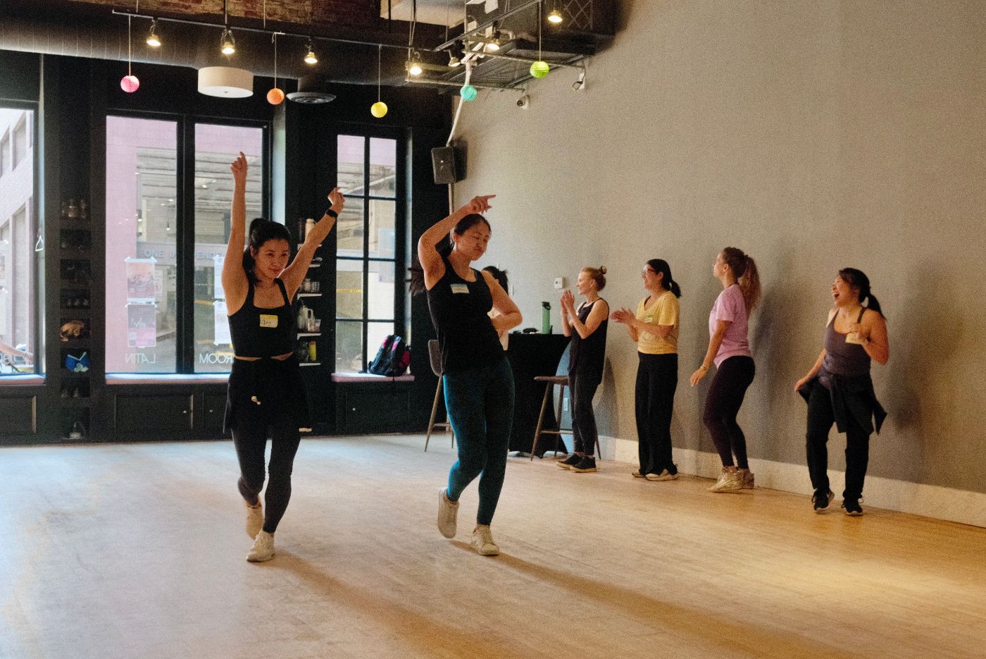 A wide view of the room mid-movement